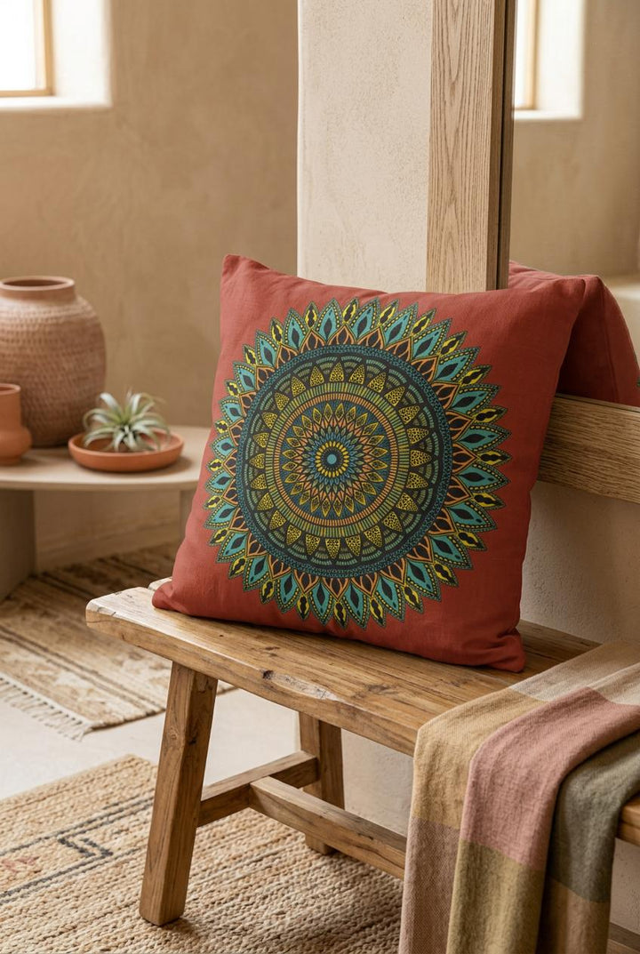 Premium boho mandala pillow cover in terracotta with linen look and detailed turquoise and gold mandala design styled on rustic wooden bench in warm boho interior