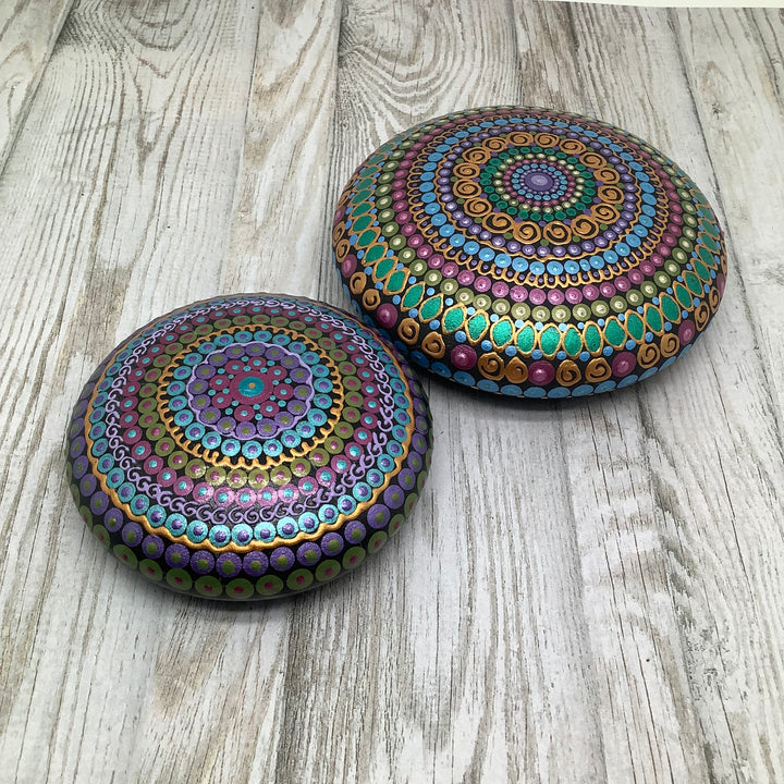 Mandala Stone – Metallic Dot Art in Purple, Blue & Green