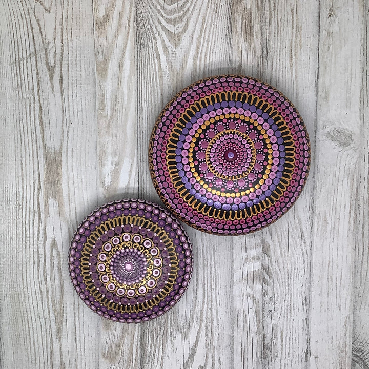 Purple Mandala Stone – Hand Painted Spiritual Decor with Gold Dot Accents