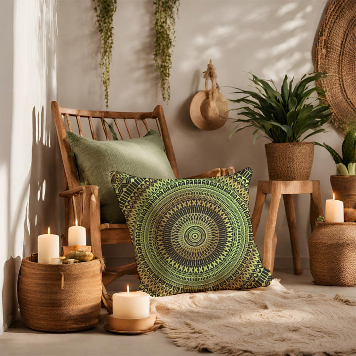 Botanical Dreams: Mandala zachtgroen sierkussen met subtiele okergele accenten