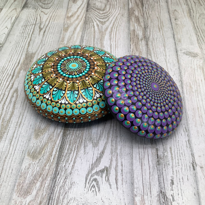 Mandala Stone Mint Green, Olive, White and Gold medium