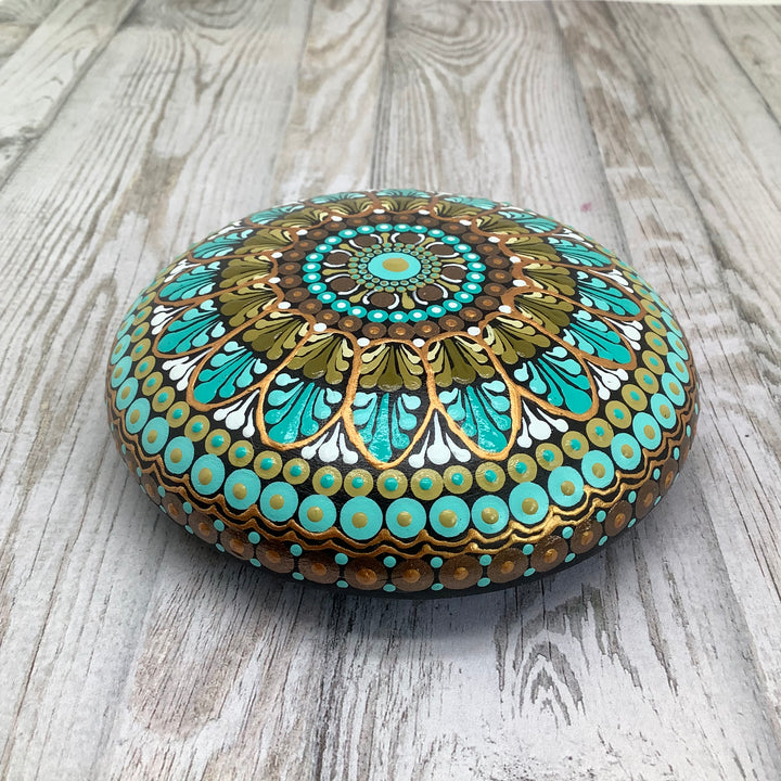 Mandala Stone Mint Green, Olive, White and Gold medium