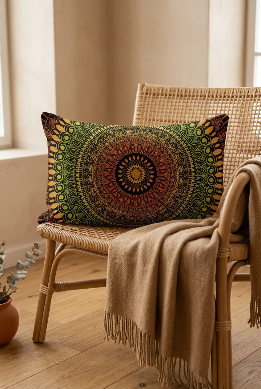 Boho mandala lumbar pillow cover with green and orange mandala pattern on a rattan chair in a warm boho interior