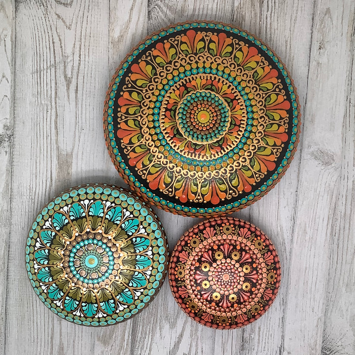 Mandala Stone in Orange, Yellow and Blue Large