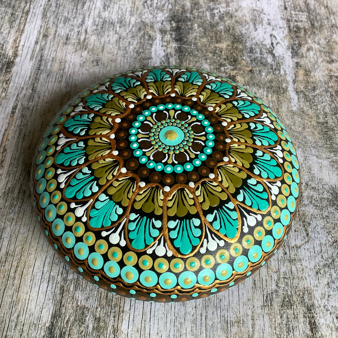 Mandala Stone Mint Green, Olive, White and Gold medium