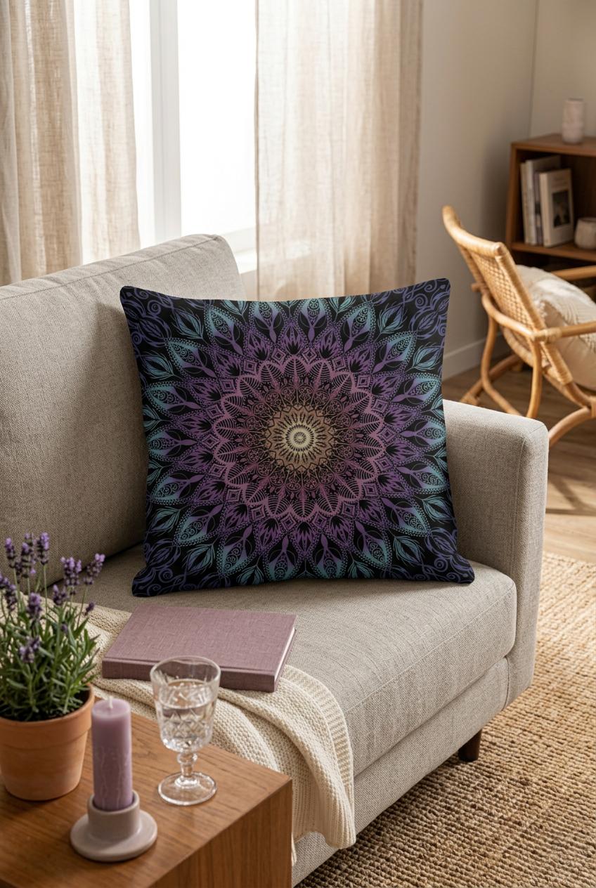 Boho mandala pillow cover with purple and teal mandala design styled on a light greige sofa in a warm boho living room