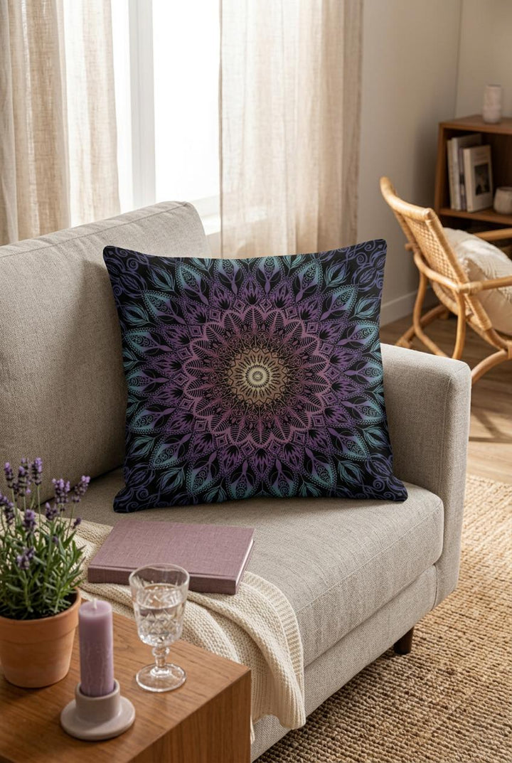 Boho mandala pillow cover with purple and teal mandala design styled on a light greige sofa in a warm boho living room