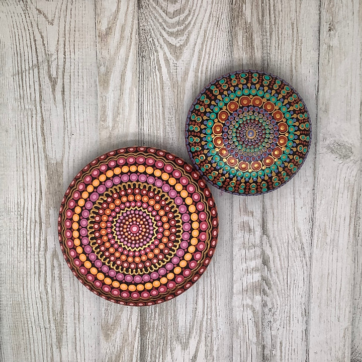 Mandala Stone – Dot Painted in Pink, Orange & Gold