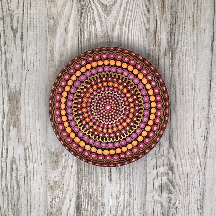 Mandala Stone – Dot Painted in Pink, Orange & Gold
