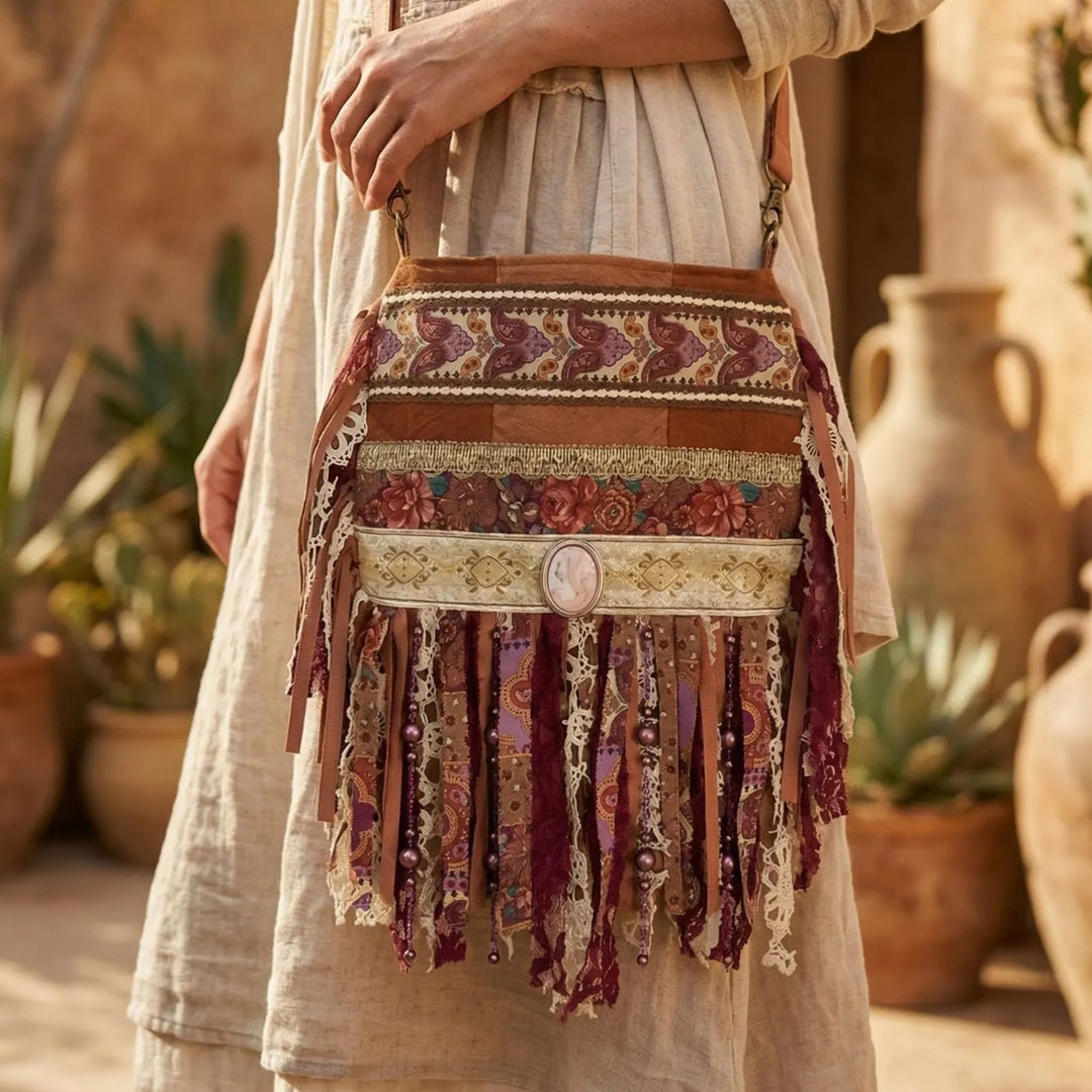 bohemian handmade crossbody bag with fringe and lace details in earthy tones, worn on hip, unique artisan boho bag, sustainable fashion accessory