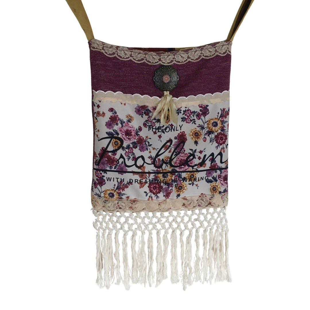 Bohemian festival crossbody bag with lace, floral print, quote and macrame fringe in burgundy tones