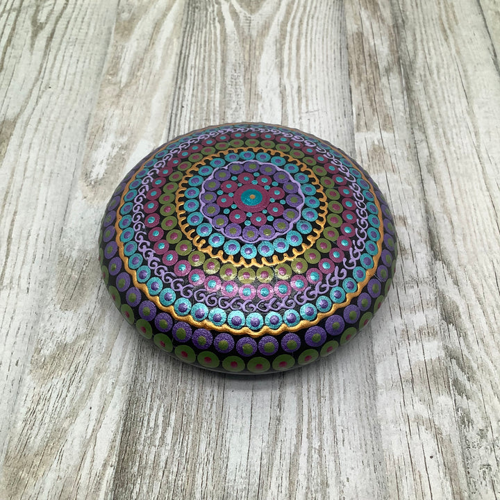 Mandala Stone – Metallic Dot Art in Purple, Blue & Green