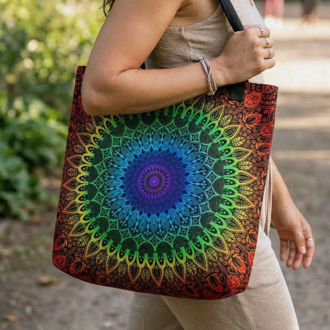 boho woman walking in park with colorful chakra mandala tote bag, rainbow spiritual design, casual yoga lifestyle, eco friendly tote bag close up