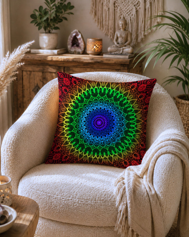 Colorful rainbow chakra mandala pillow on a cozy cream boucle chair in a warm bohemian living room with macrame wall decor, crystals, wooden furniture and soft ambient lighting.