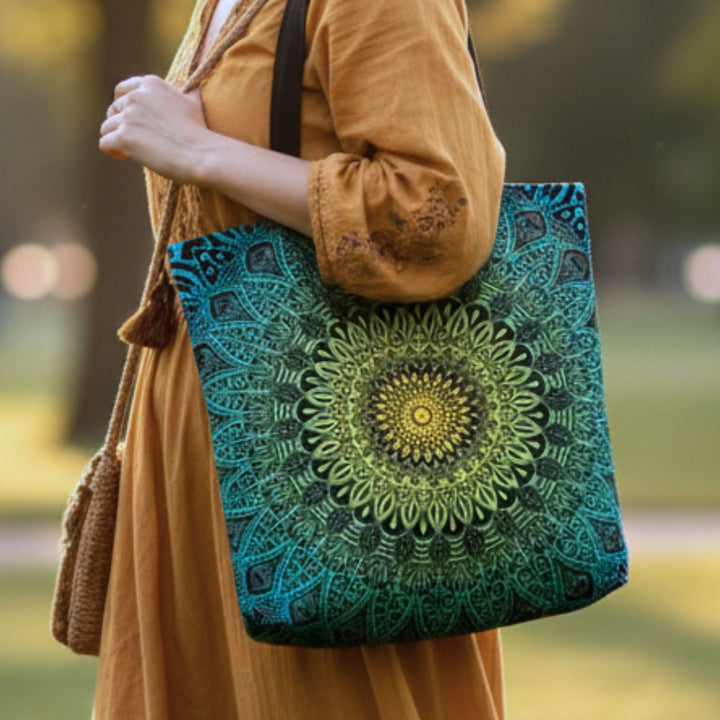 close up of green mandala tote bag with intricate pattern worn by woman in boho outfit outdoors