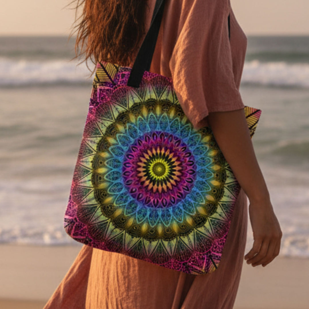 Person holding a colorful mandala-patterned bag on a beach