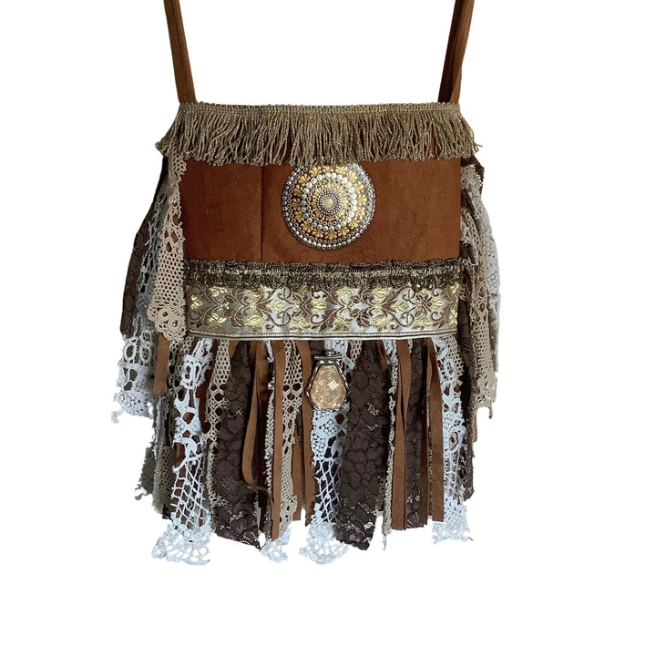 Bohemian crossbody bag made from tree bark with hand-painted mandala, lace and faux suede fringe
