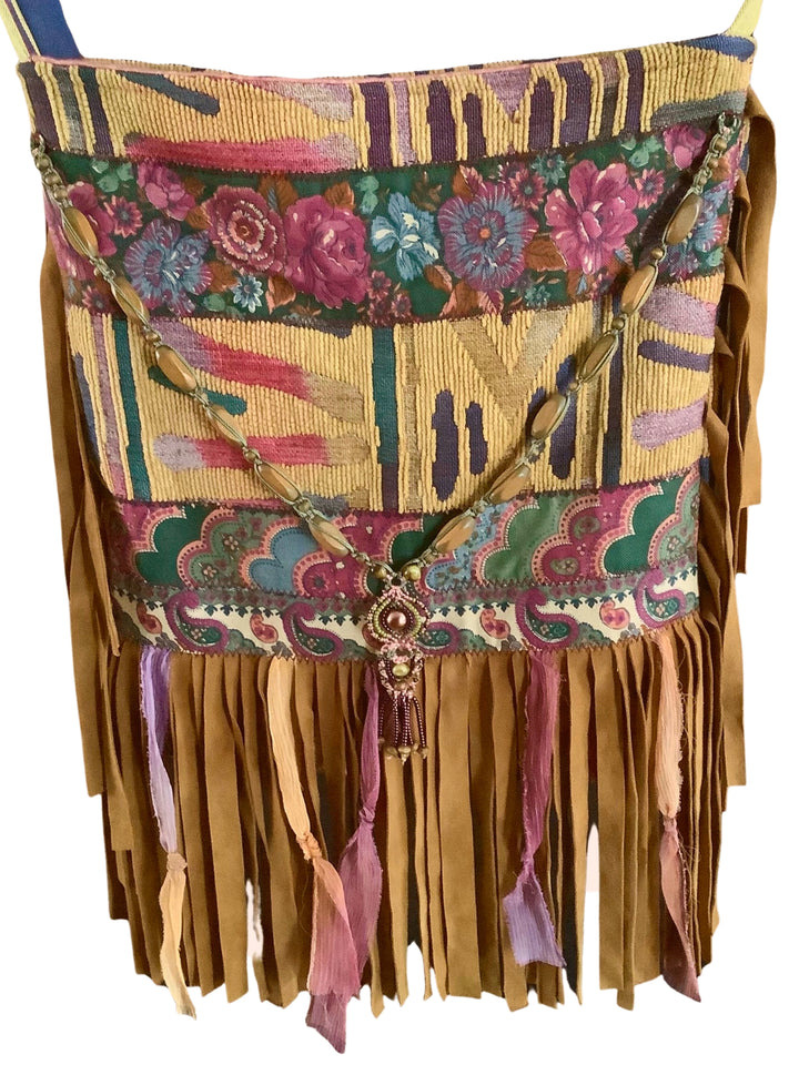 boho camel festival bag floral tapestry paisley fringe handmade unique