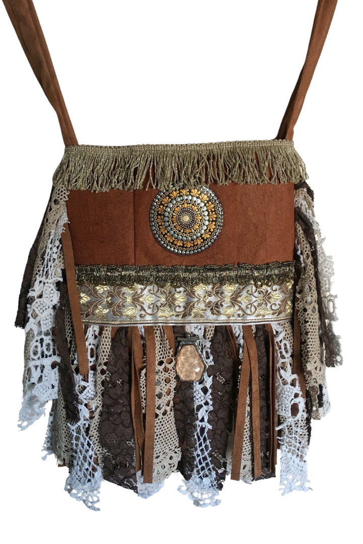 Unique handmade boho crossbody bag from Ugandan tree bark with mandala painting, gold trim, lace, and faux suede strap