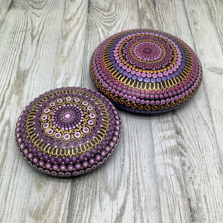 Purple Mandala Stone – Hand Painted Spiritual Decor with Gold Dot Accents