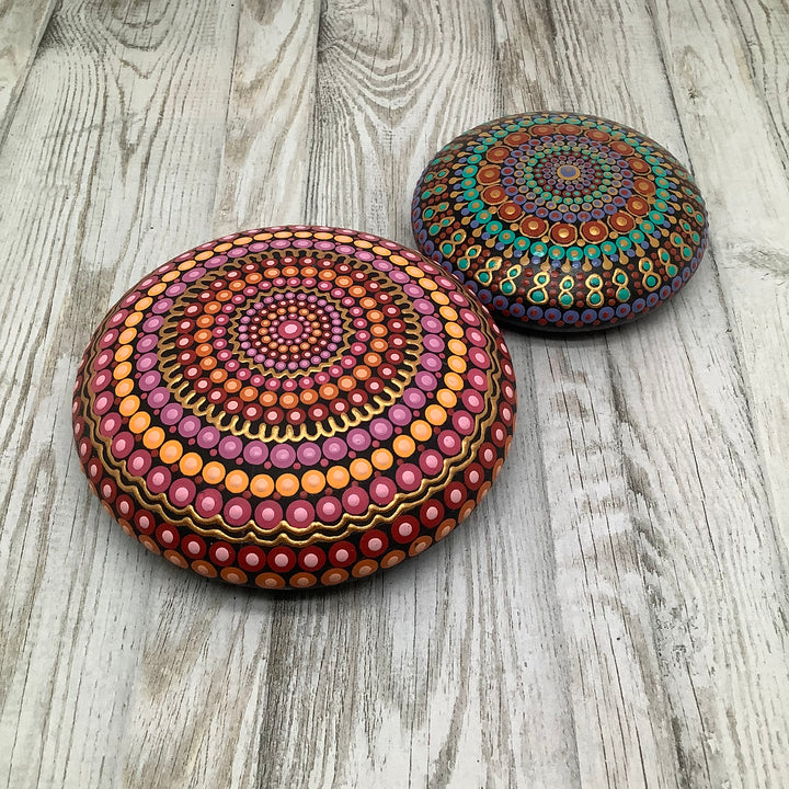 Mandala Stone – Dot Painted in Pink, Orange & Gold