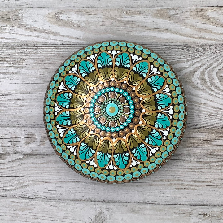 Mandala Stone Mint Green, Olive, White and Gold medium