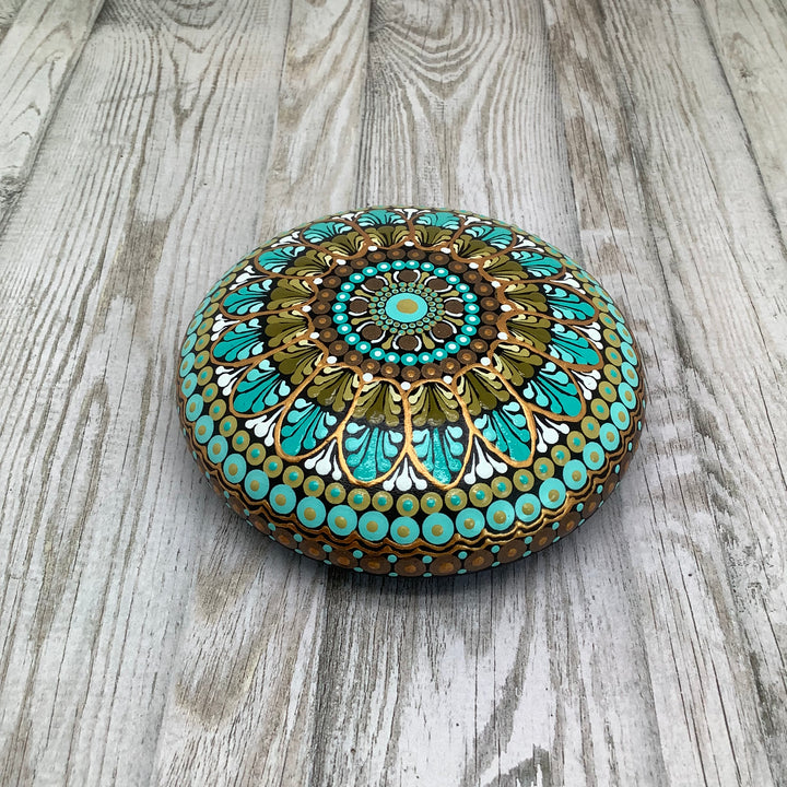 Mandala Stone Mint Green, Olive, White and Gold medium