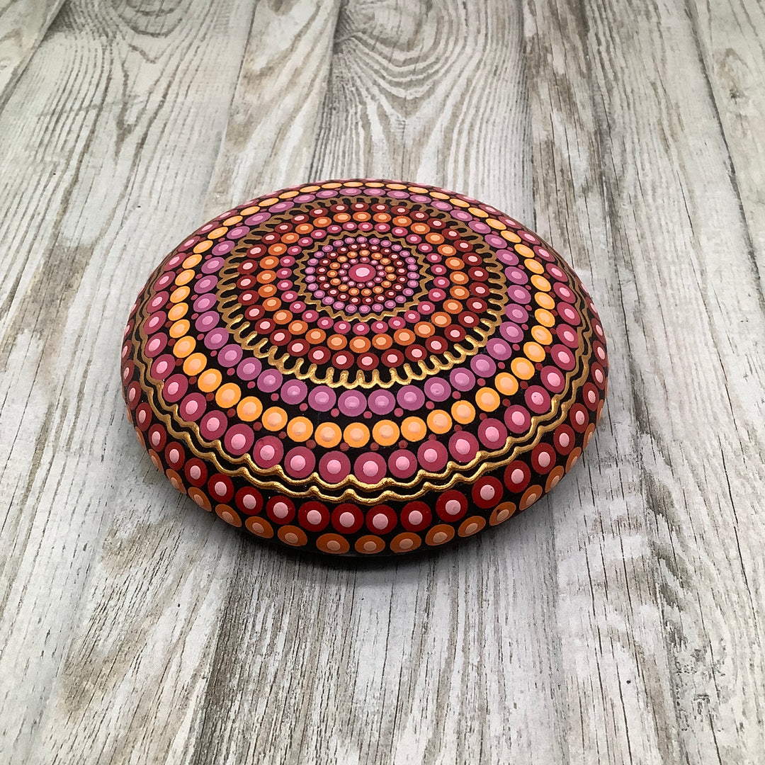 Mandala Stone – Dot Painted in Pink, Orange & Gold