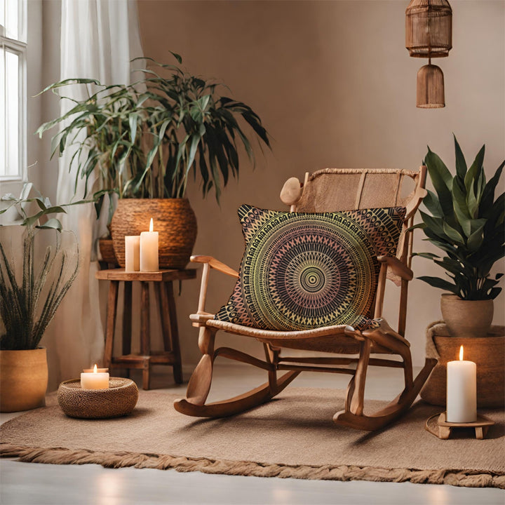 Elegant Glow: met mandala's versierd geel keramiek sierkussen