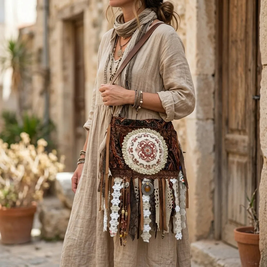 Handgemaakte bohemian crossbody tas van upcycled materialen met kant, kralen en franjes, in warme bruintinten met geborduurd mandala detail, gedragen bij een natuurlijke linnen jurk