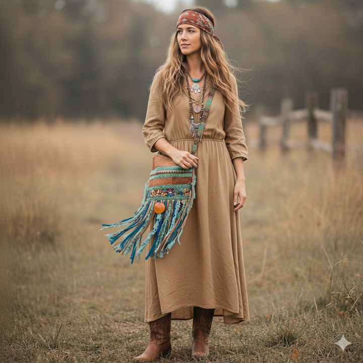 Barkcloth Fringe Crossbody Bag in Teal & Earth Tone