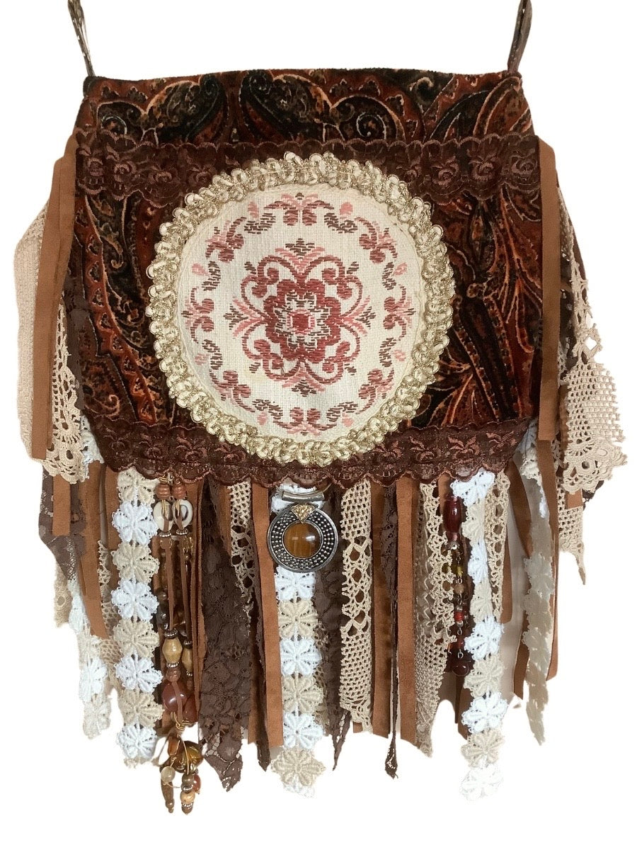 handmade velvet boho fringe bag with lace gobelin panel and beads one of a kind