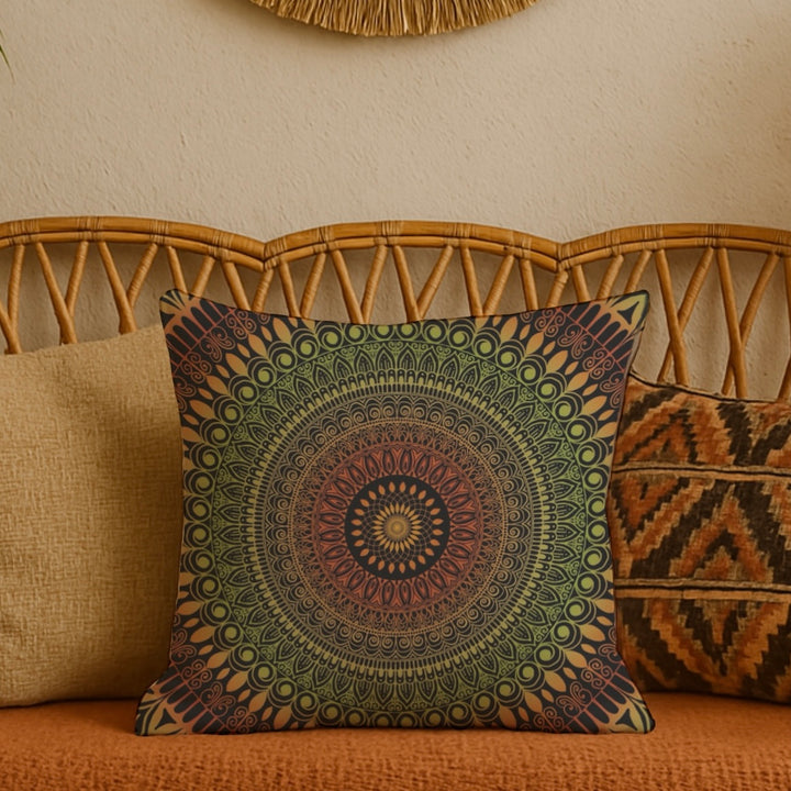 Rustic Charm: Mandala Throw Pillow in Terracotta & Green with Henna Details