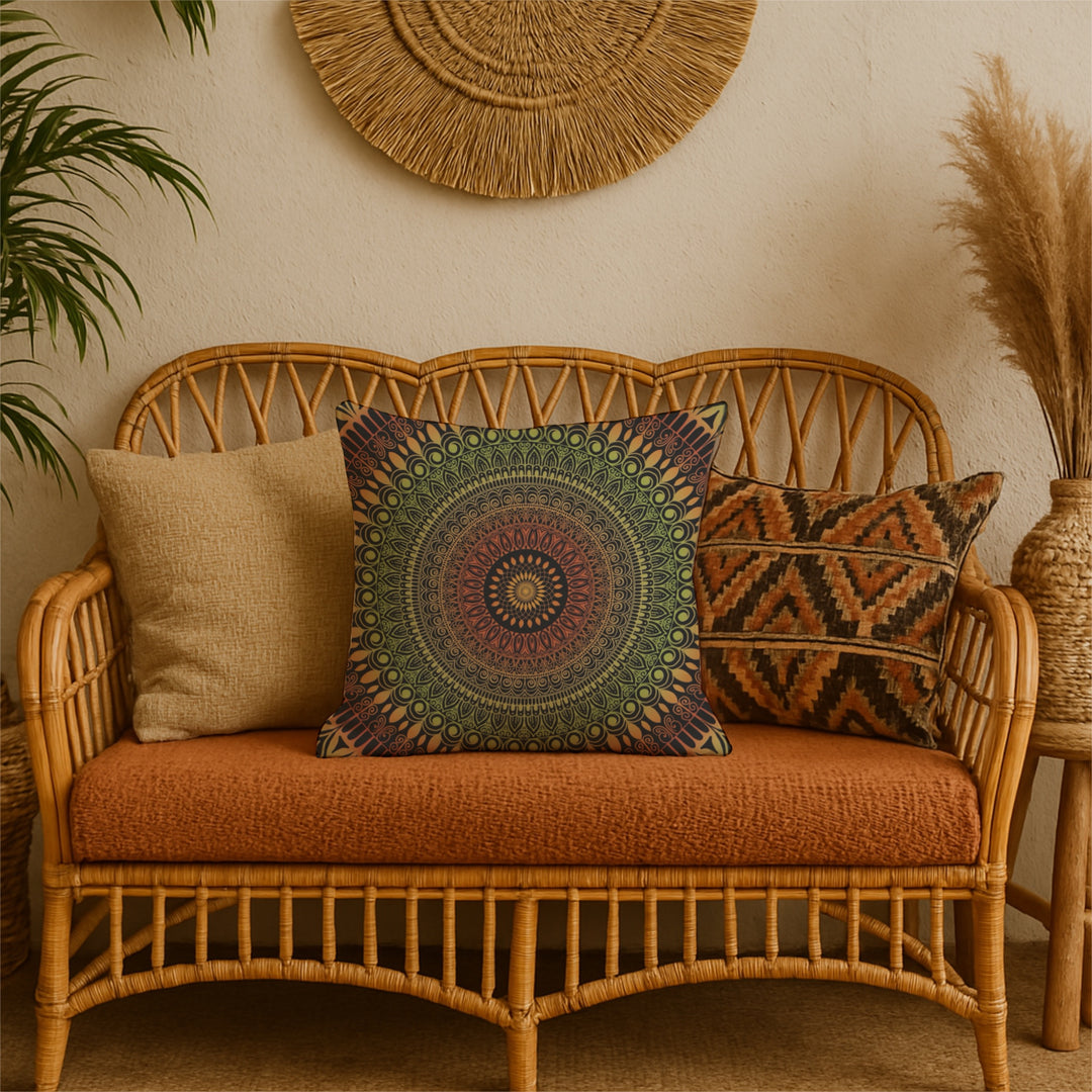Rustic Charm: Mandala Throw Pillow in Terracotta & Green with Henna Details