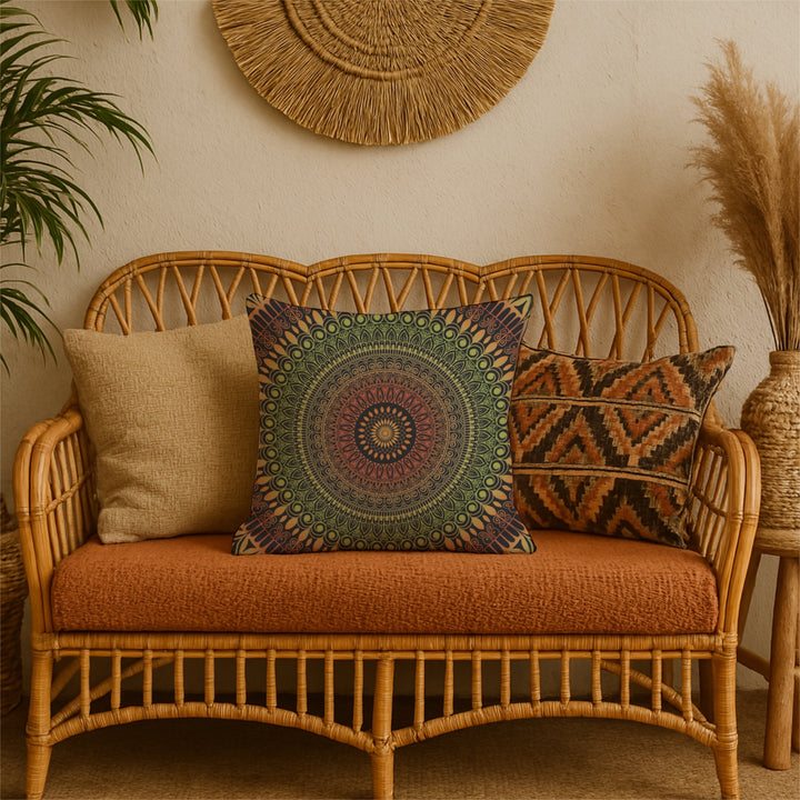 Rustic Charm: Mandala Throw Pillow in Terracotta & Green with Henna Details
