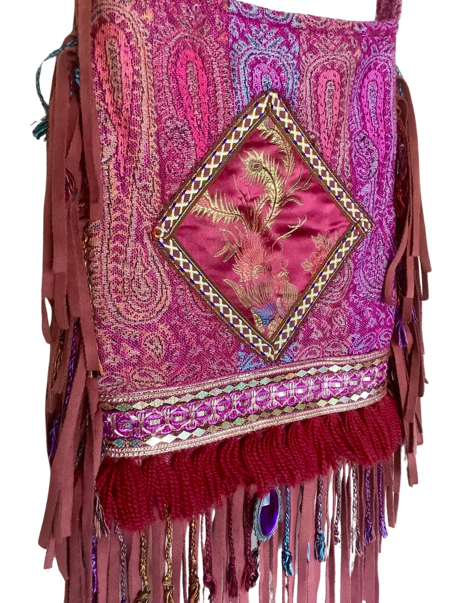 Boho Fringe Bag – Bordeaux & Purple with Appliqué and Tassels