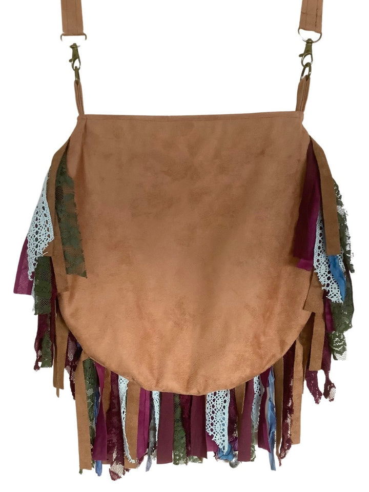 Boho Crossbody Bag – Aubergine & Green with Fringe and Lace