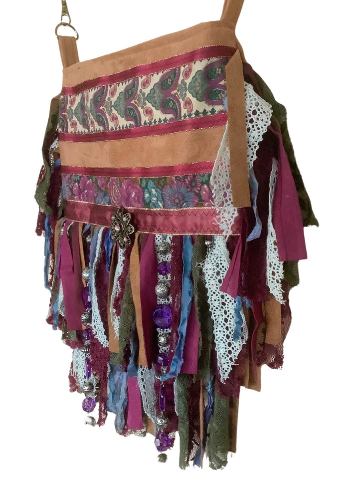 Boho Crossbody Bag – Aubergine & Green with Fringe and Lace