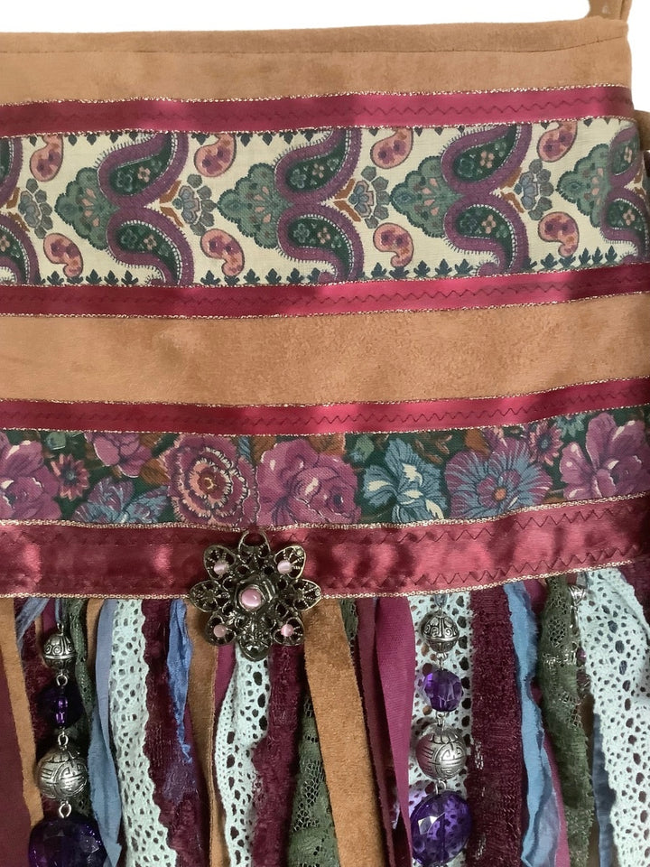 Boho Crossbody Bag – Aubergine & Green with Fringe and Lace