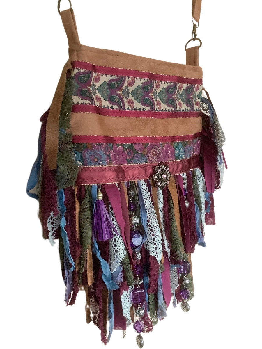 Boho Crossbody Bag – Aubergine & Green with Fringe and Lace