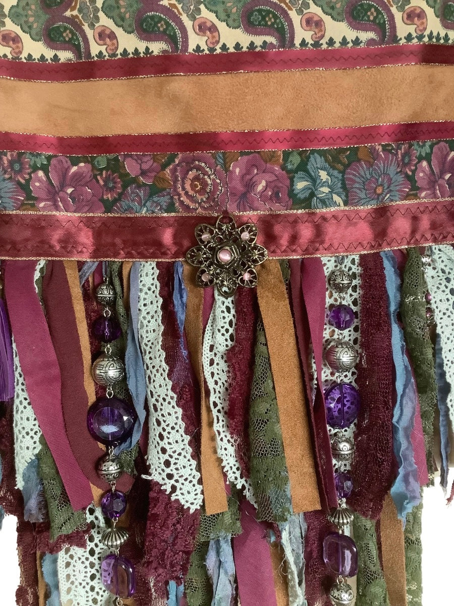 Boho Crossbody Bag – Aubergine & Green with Fringe and Lace