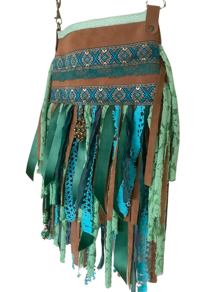 Upcycled Leather Crossbody Bag – Turquoise Fringe & Boho Details