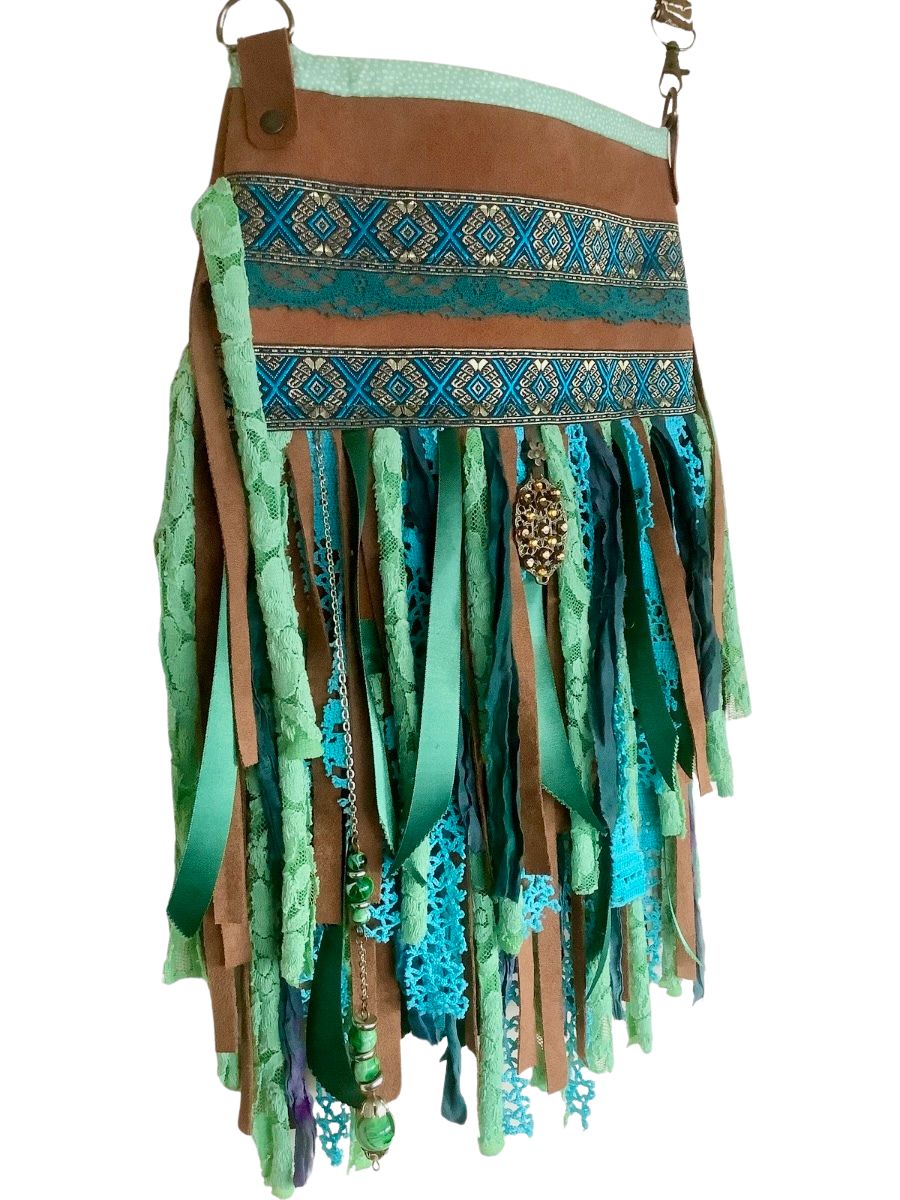 Upcycled Leather Crossbody Bag – Turquoise Fringe & Boho Details