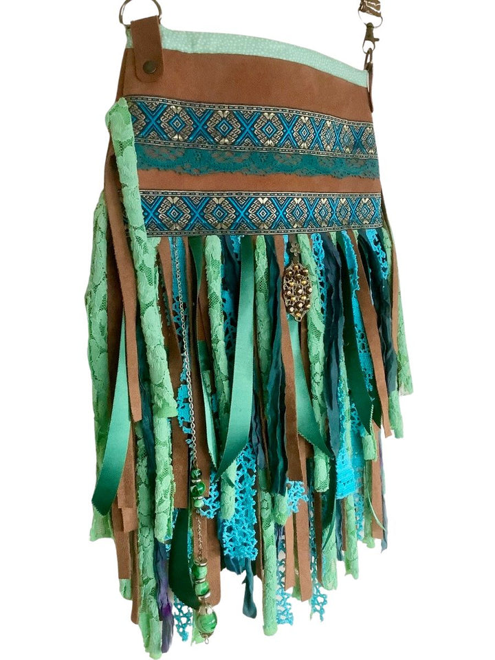 Upcycled Leather Crossbody Bag – Turquoise Fringe & Boho Details