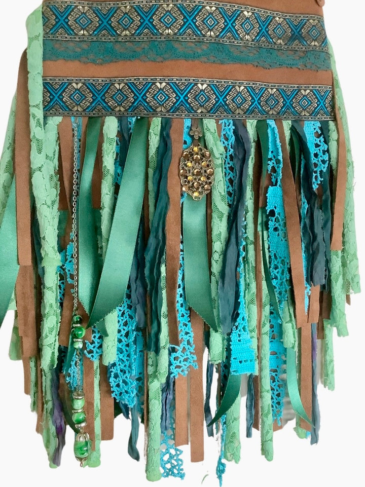 Upcycled Leather Crossbody Bag – Turquoise Fringe & Boho Details