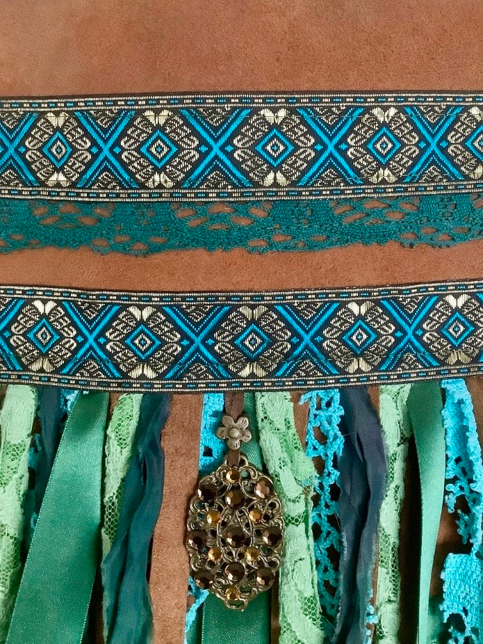 Upcycled Leather Crossbody Bag – Turquoise Fringe & Boho Details
