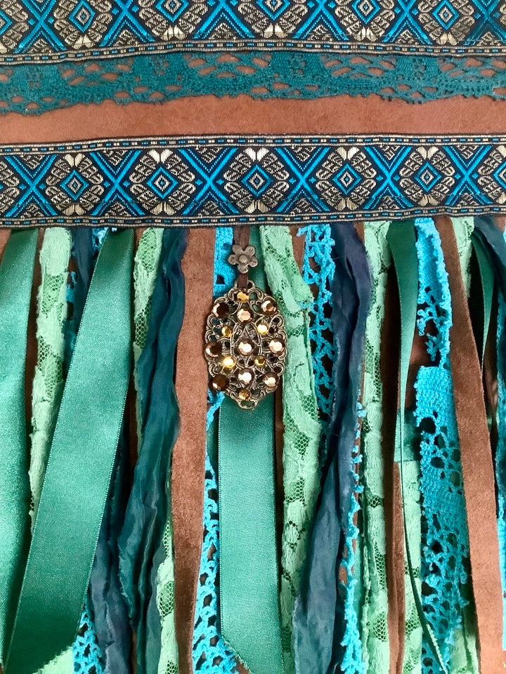 Upcycled Leather Crossbody Bag – Turquoise Fringe & Boho Details