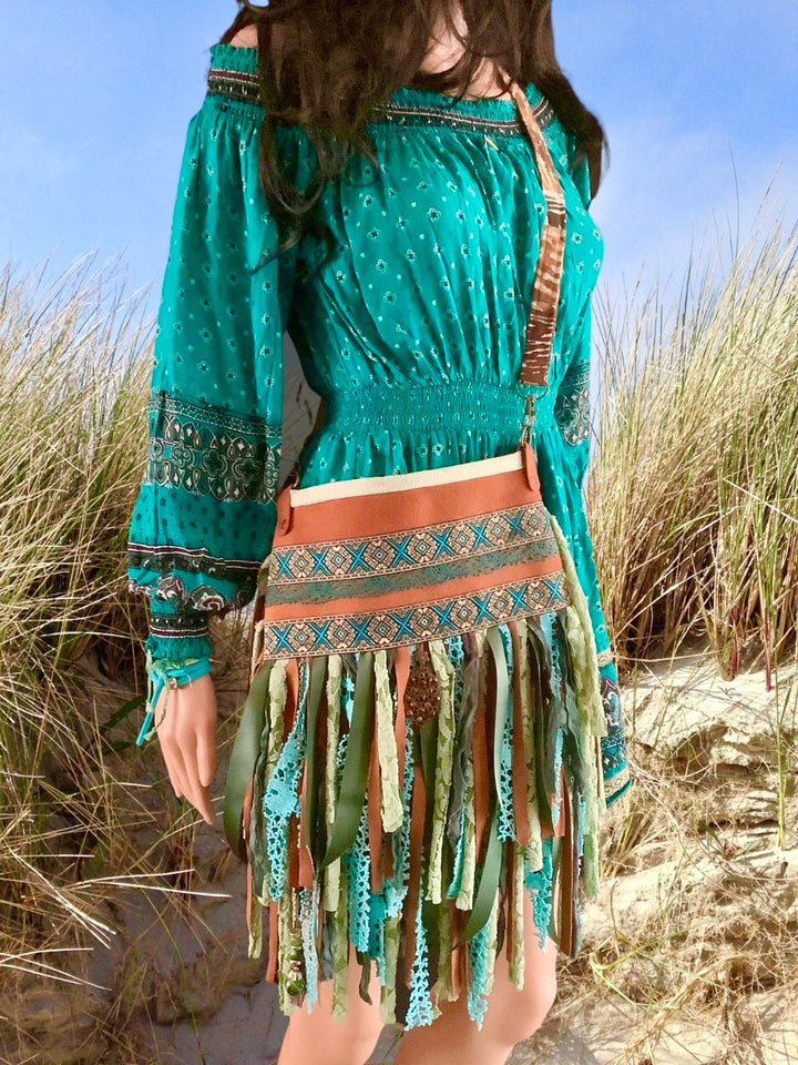 Upcycled Leather Crossbody Bag – Turquoise Fringe & Boho Details