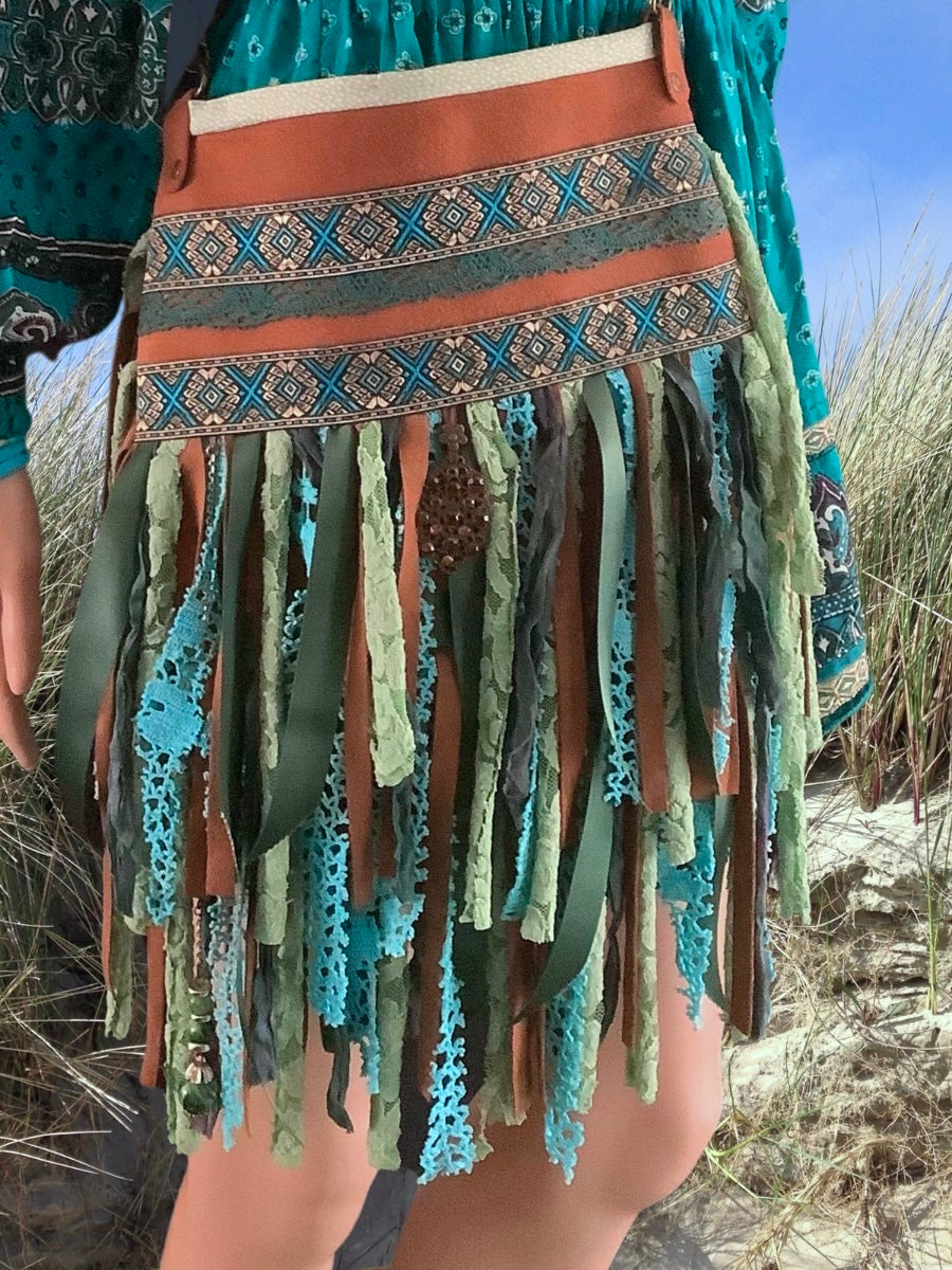 Upcycled Leather Crossbody Bag – Turquoise Fringe & Boho Details