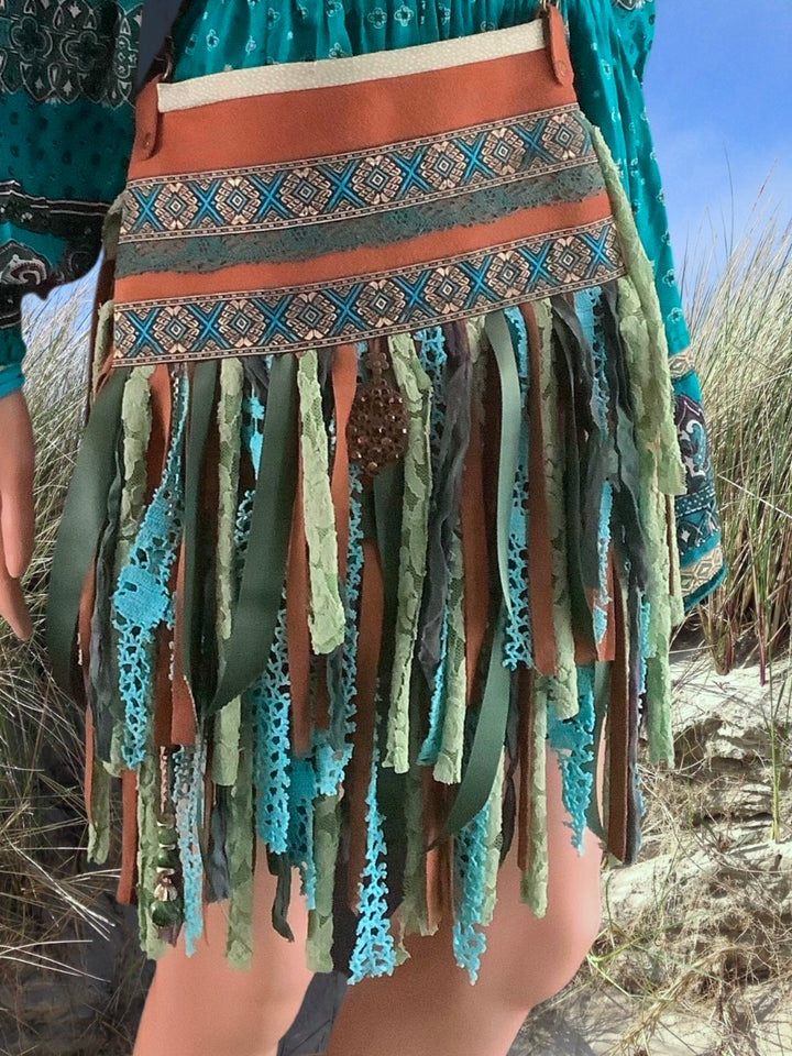 Upcycled Leather Crossbody Bag – Turquoise Fringe & Boho Details